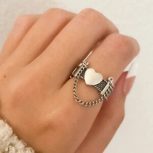 925 Sterling Silver Heart Ring Dangle Chain Ring Modern Ring Band